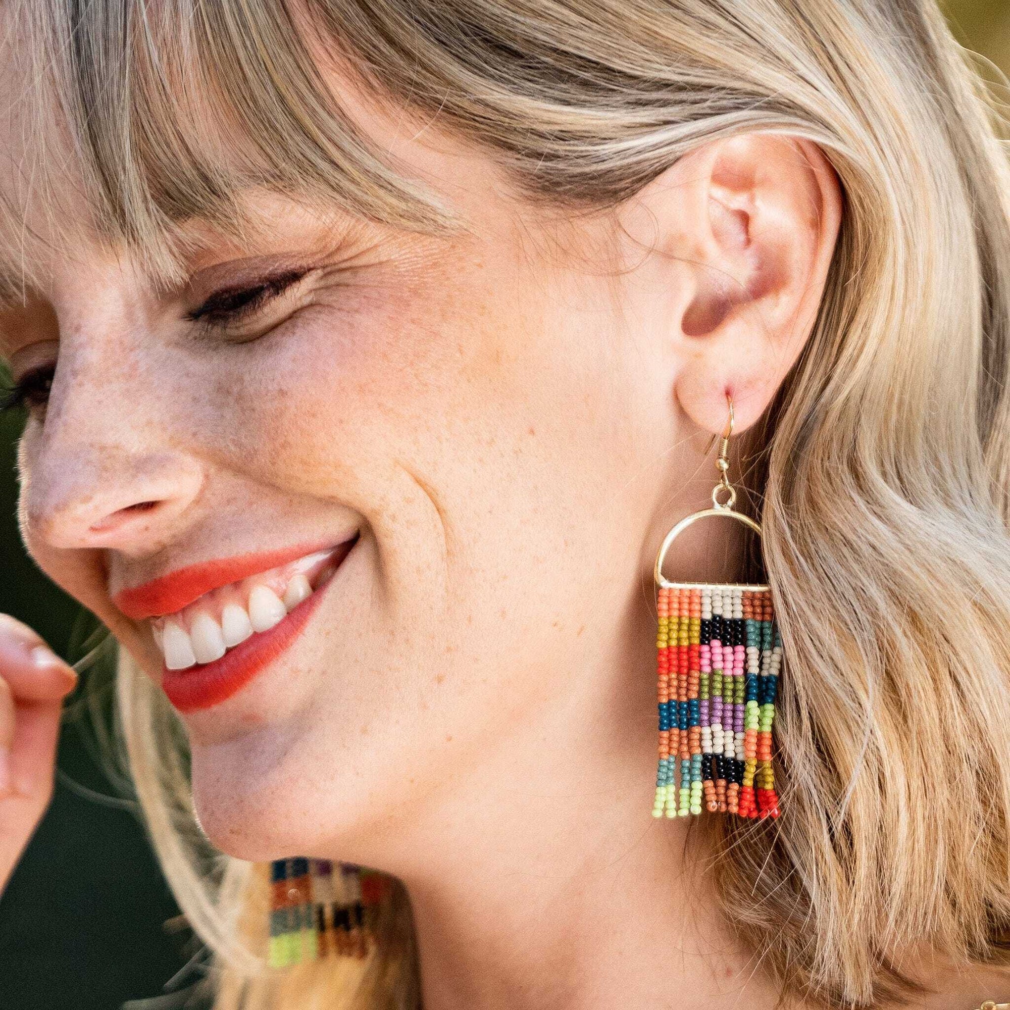 Allison Checkered Beaded Fringe Earrings Multicolor Wholesale
