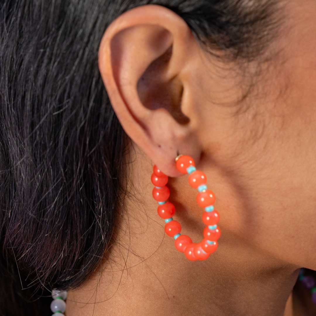 Angela Round Stones With Alternating Seed Bead Hoop Earrings Coral Wholesale