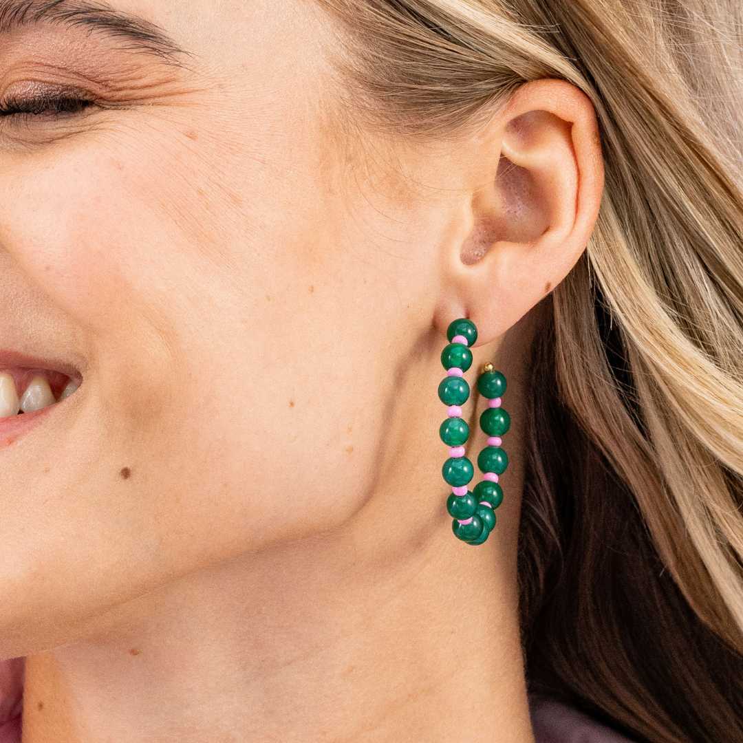 Angela Round Stones With Alternating Seed Bead Hoop Earrings Emerald Wholesale