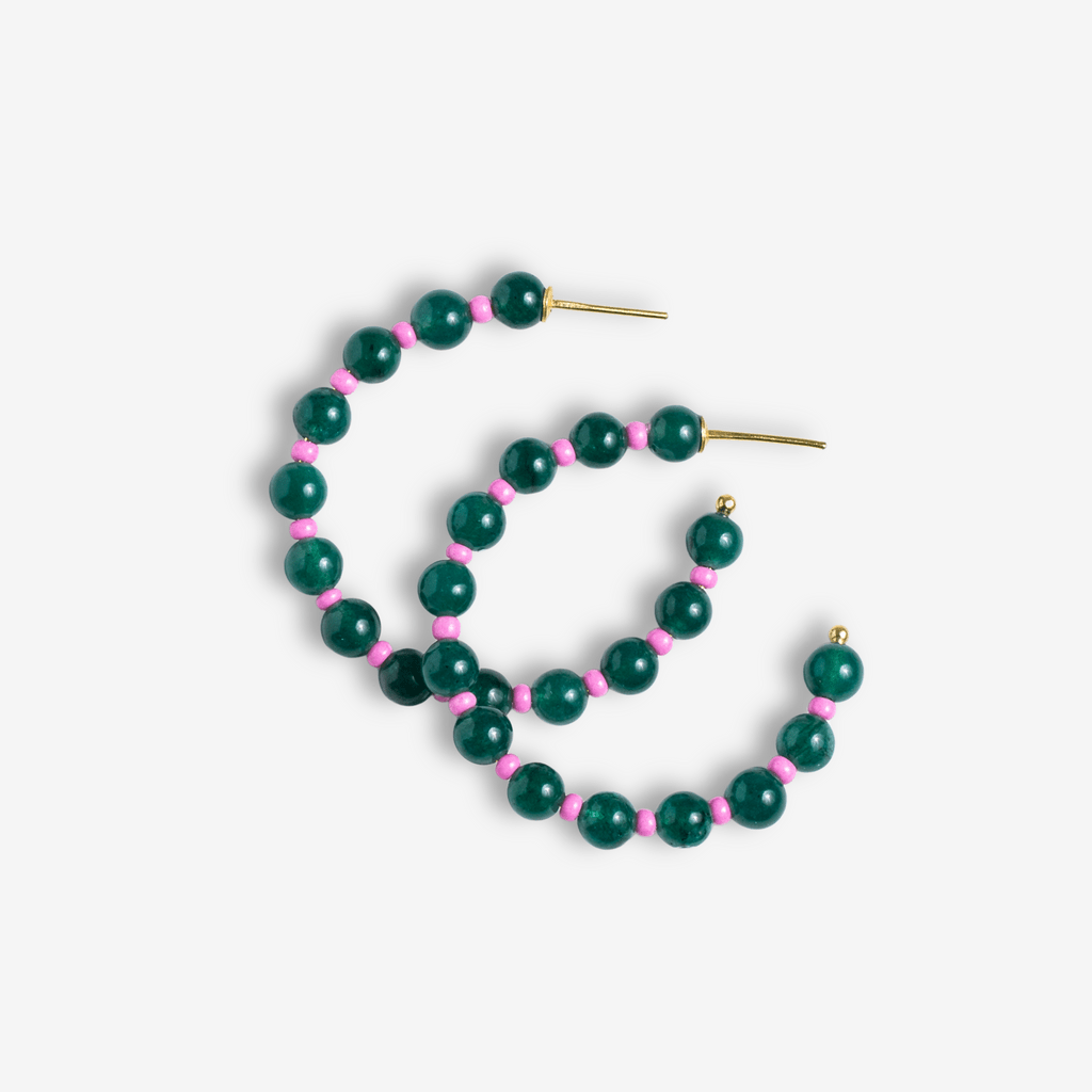 Angela Round Stones With Alternating Seed Bead Hoop Earrings Emerald Wholesale