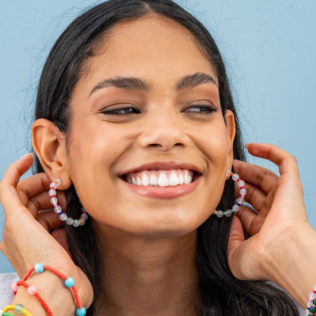 Angela Round Stones With Alternating Seed Bead Hoop Earrings White Wholesale