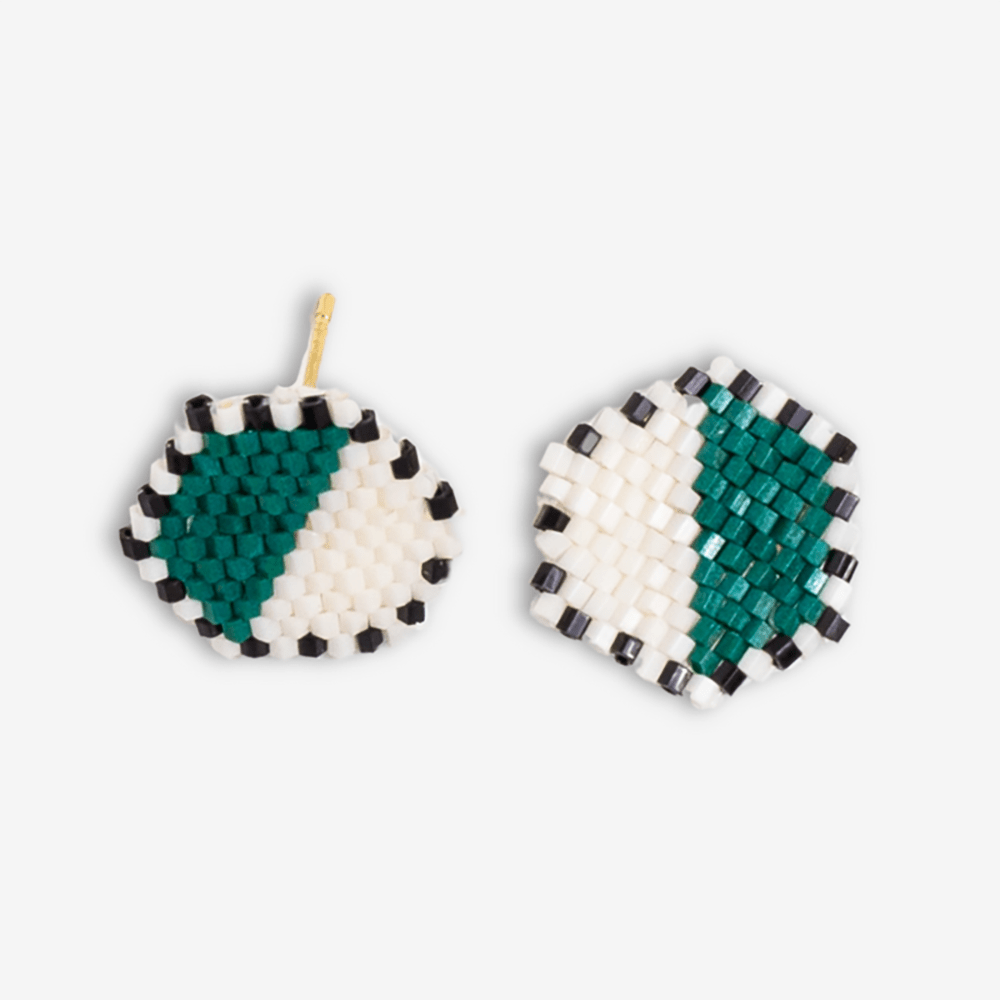 Casey Two Color Hexagon Post Beaded Earrings Bright Emerald/Ivory Wholesale
