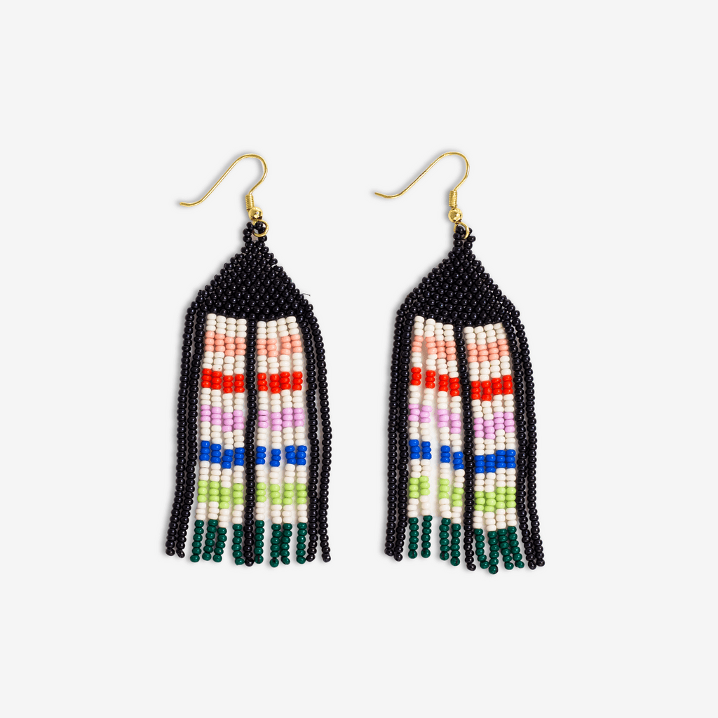 Dolly Striped Center With Black Border Beaded Fringe Earrings Rio Wholesale