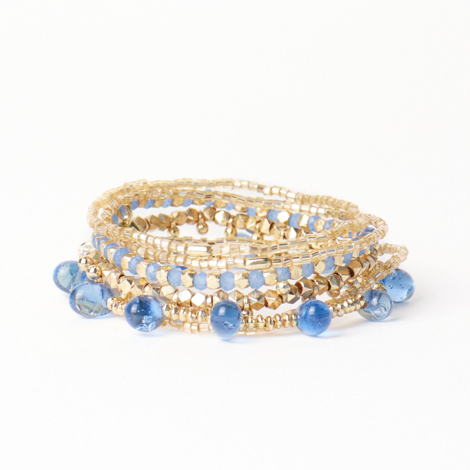Ella Stack of 5 Stretch Bracelets Blue + Gold Wholesale