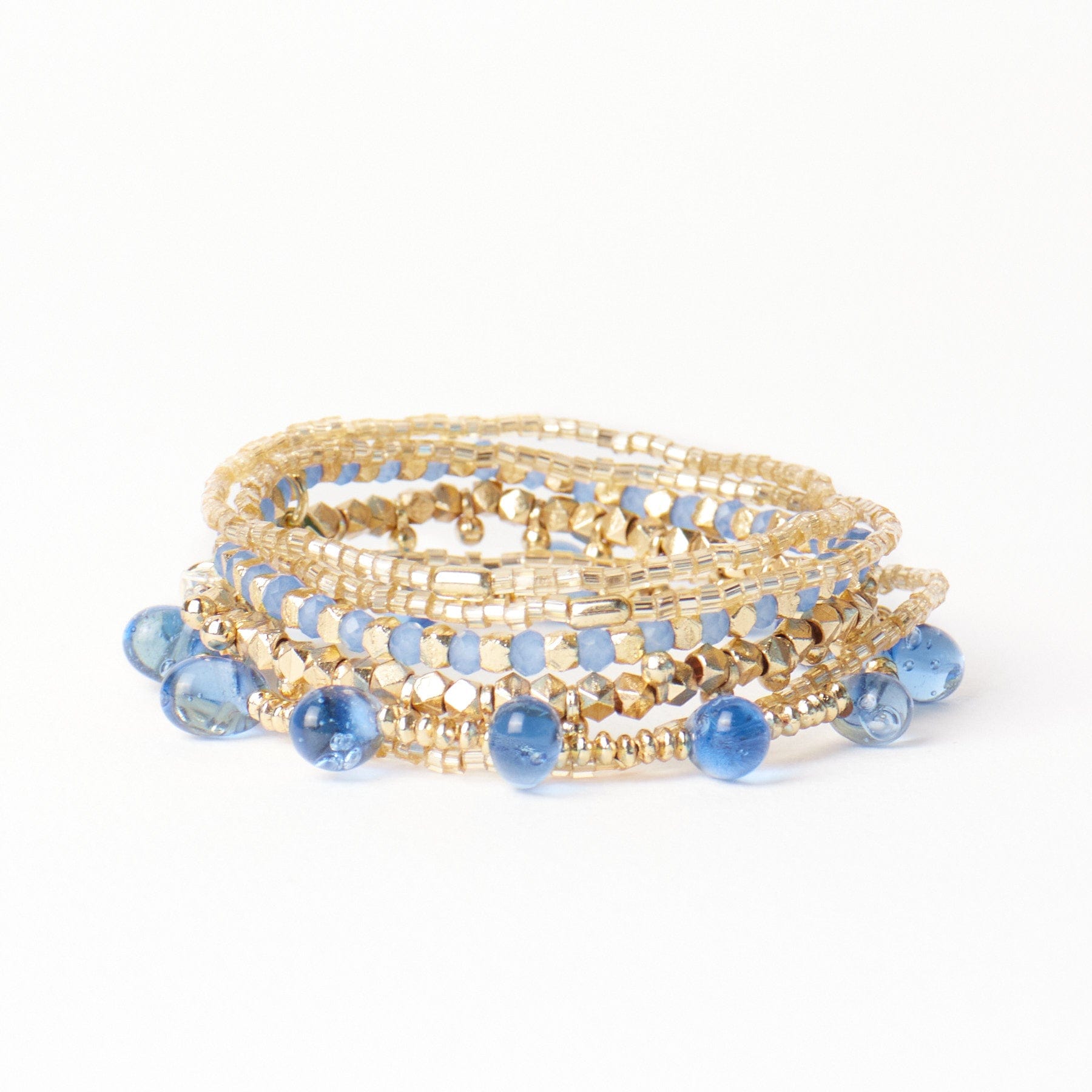 Ella Stack of 5 Stretch Bracelets Blue + Gold Wholesale