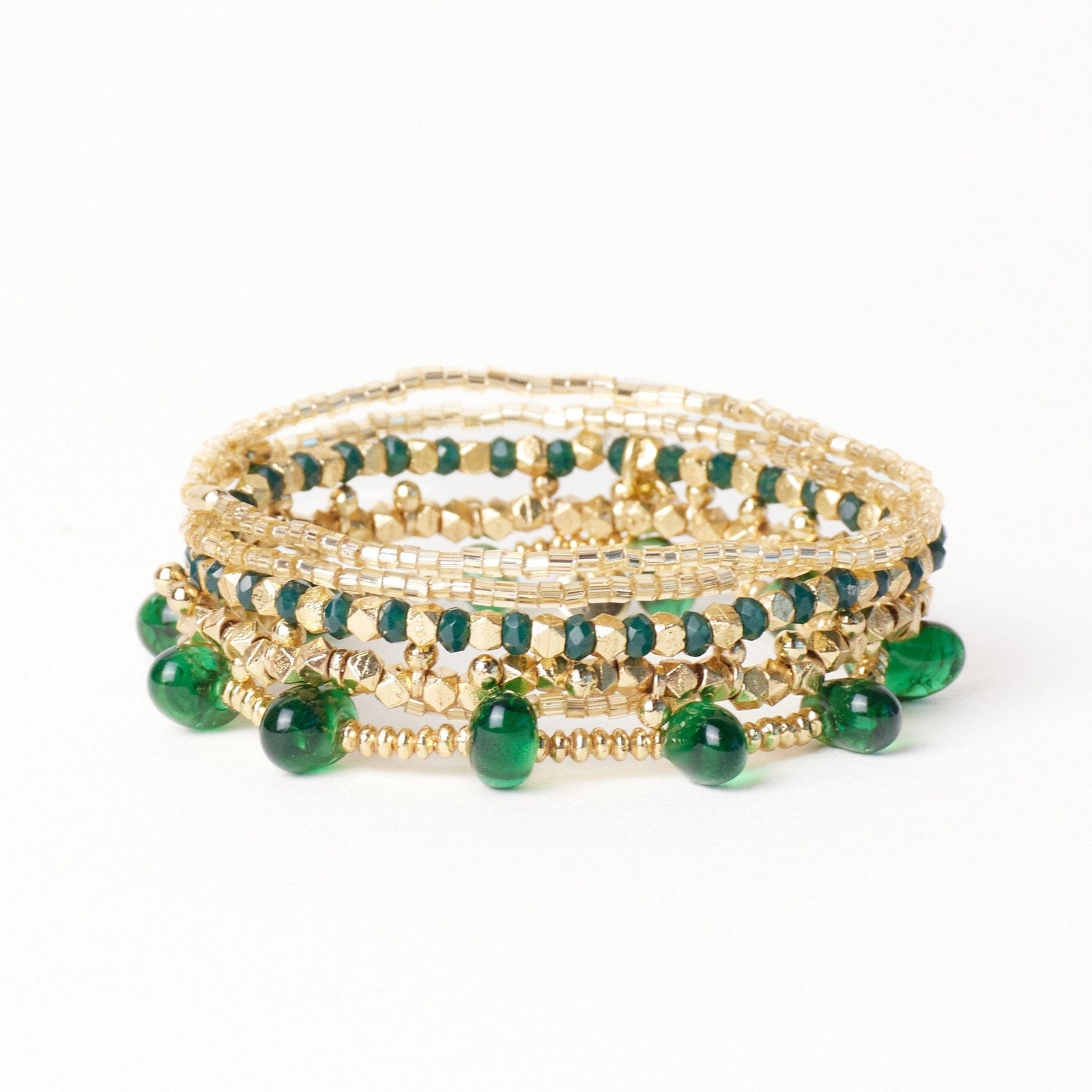 Ella Stack of 5 Stretch Bracelets Green + Gold Wholesale