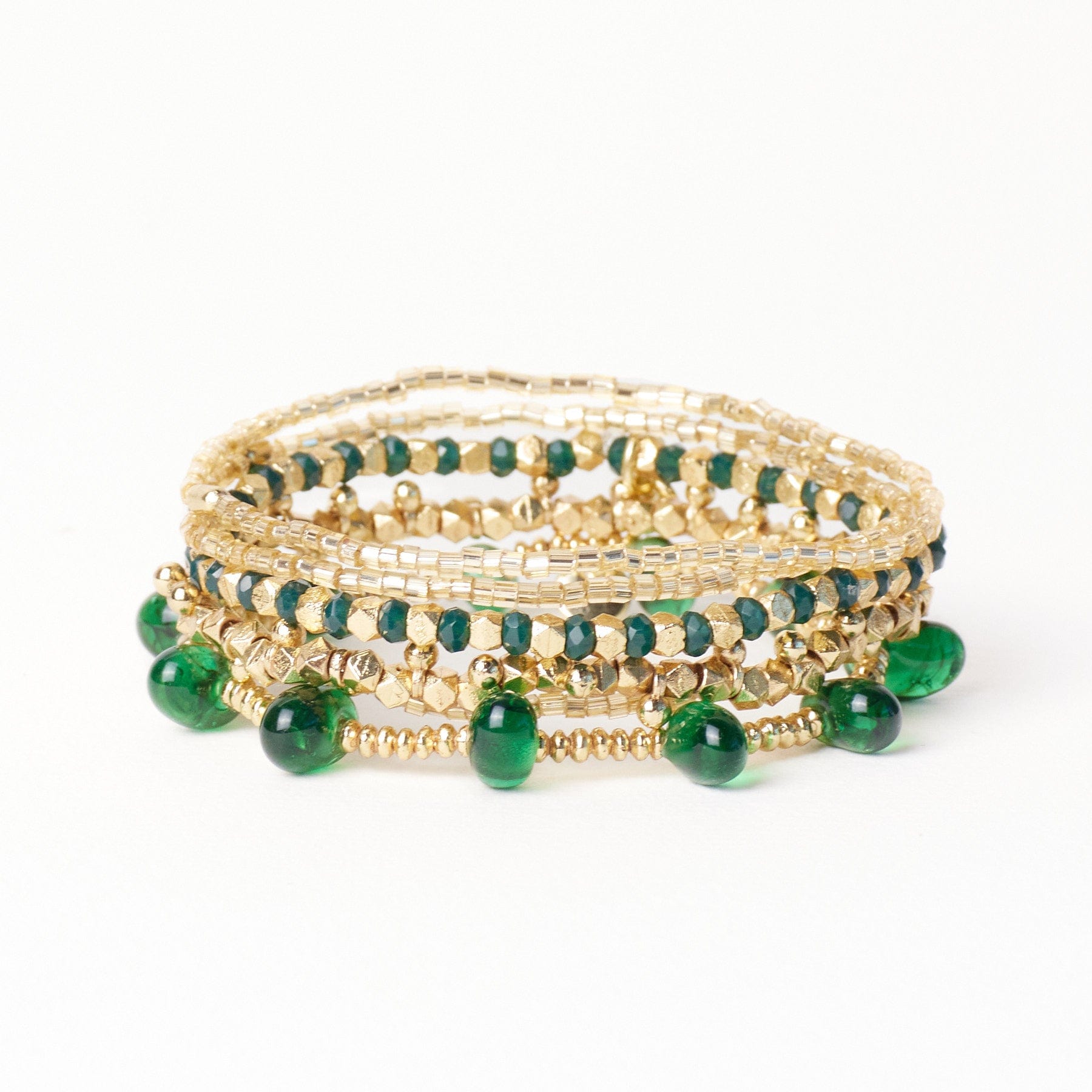 Ella Stack of 5 Stretch Bracelets Green + Gold Wholesale