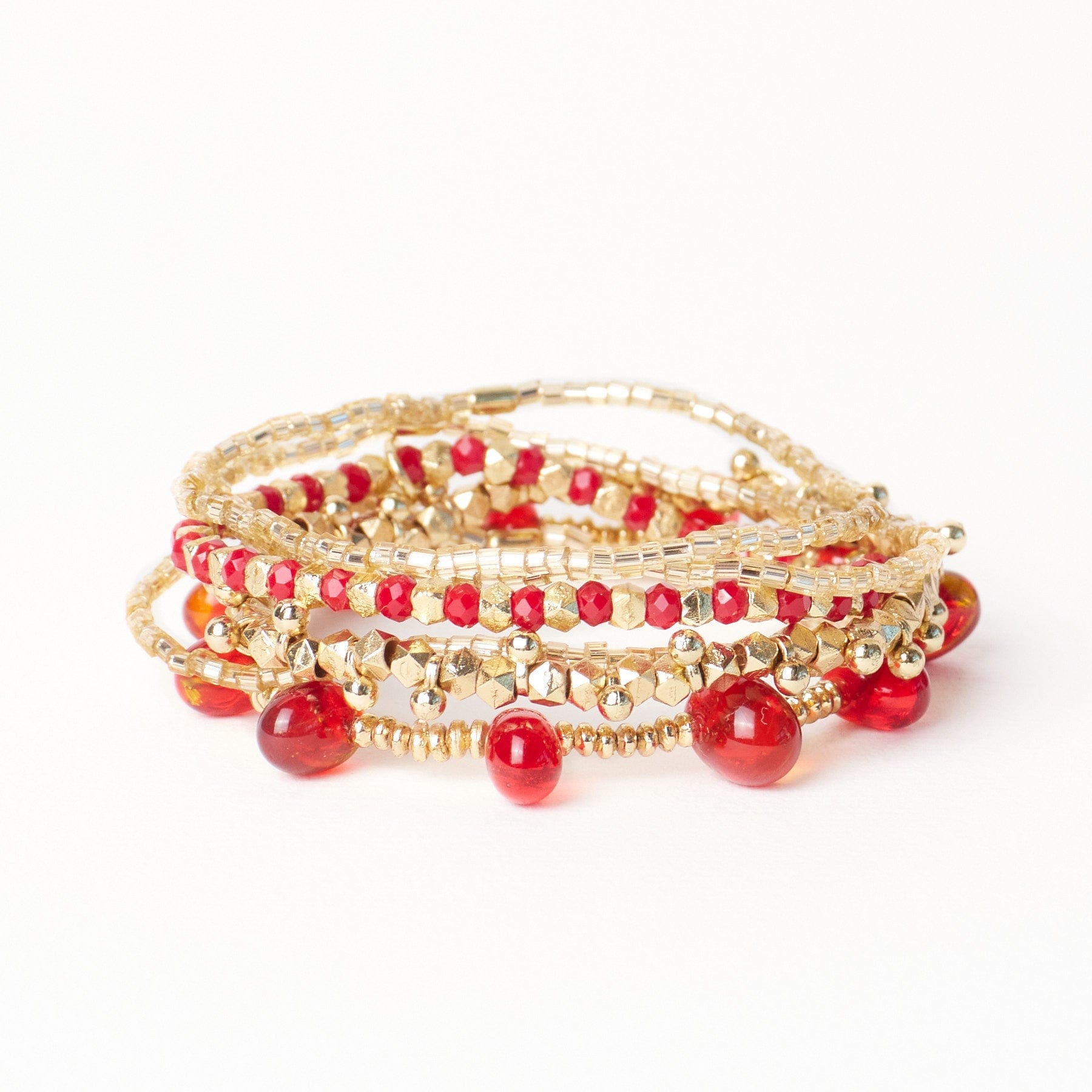 Ella Stack of 5 Stretch Bracelets Red + Gold Wholesale
