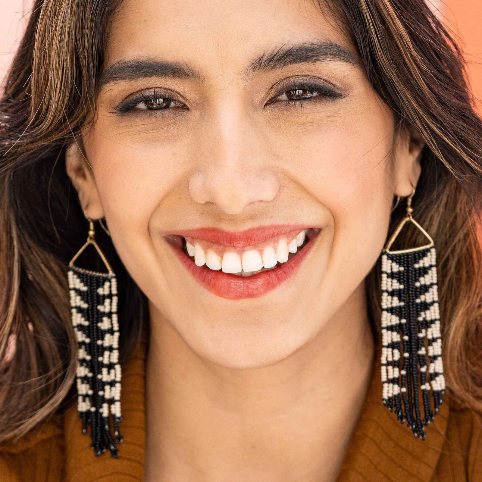 Emilie Arrow Beaded Fringe Earrings Black Wholesale