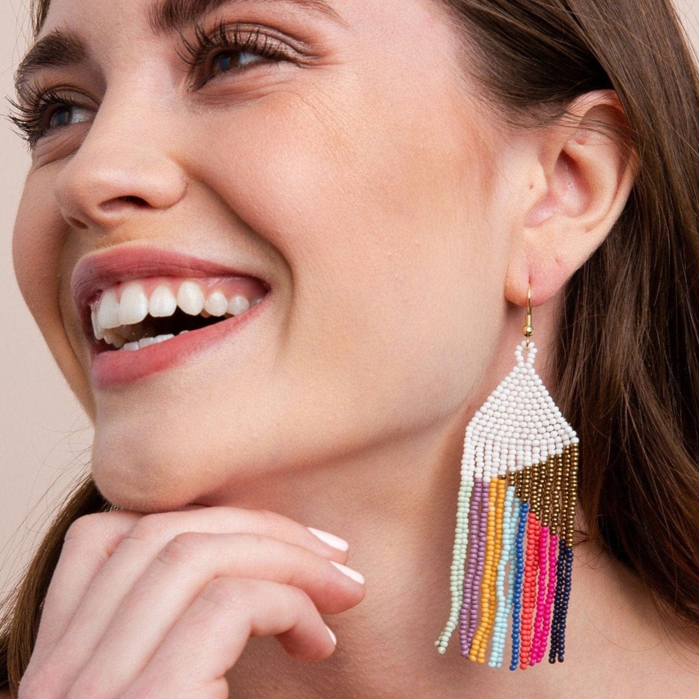 Elise Chevron Beaded Fringe Earrings White Rainbow Wholesale