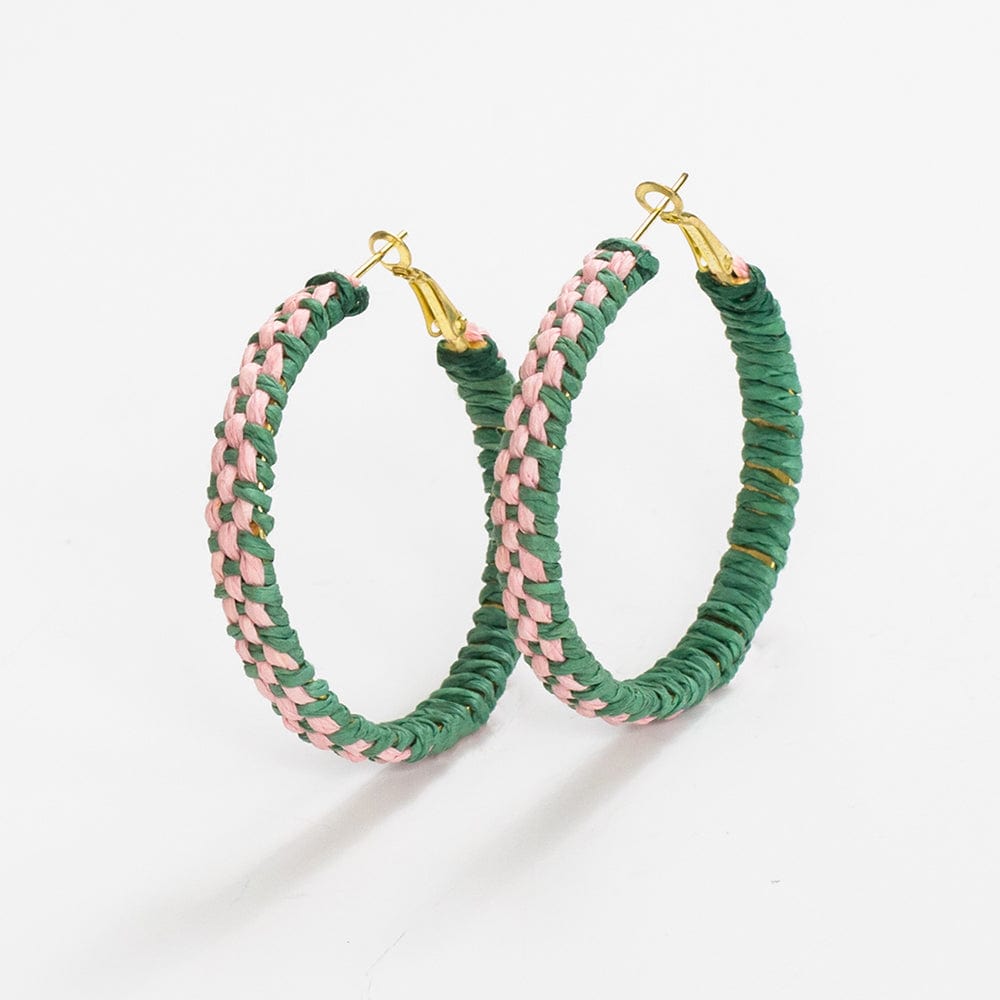 Holly Two-Color Woven Raffia Hoops Kelly Green/Pink Wholesale