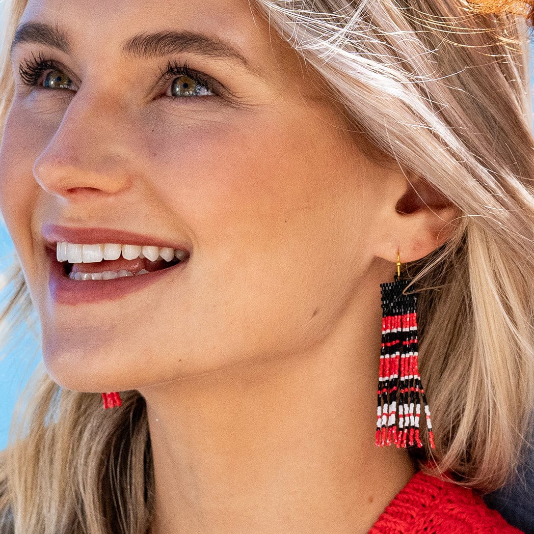 Billie Game Day Mixed Horizontal Stripes Beaded Fringe Earrings Bright Red and Black Wholesale