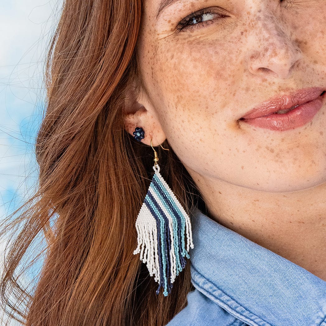 Haley Game Day Falling Lines Beaded Fringe Earrings Light Blue and Navy Wholesale