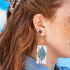 Whitney Game Day Argyle Beaded Fringe Earrings Light Blue and White Wholesale