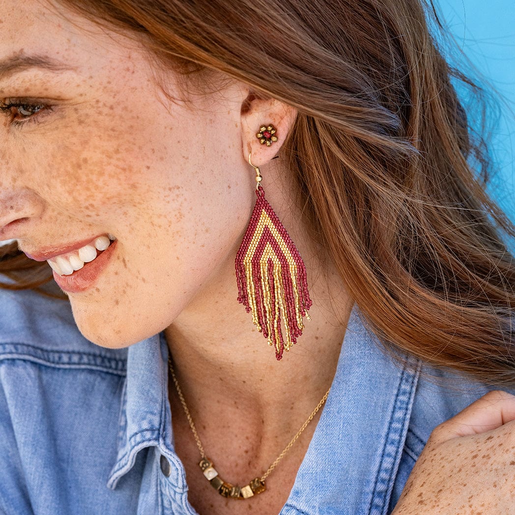 Haley Game Day Stacked Triangle Beaded Fringe Earrings Dark Red and Gold Wholesale