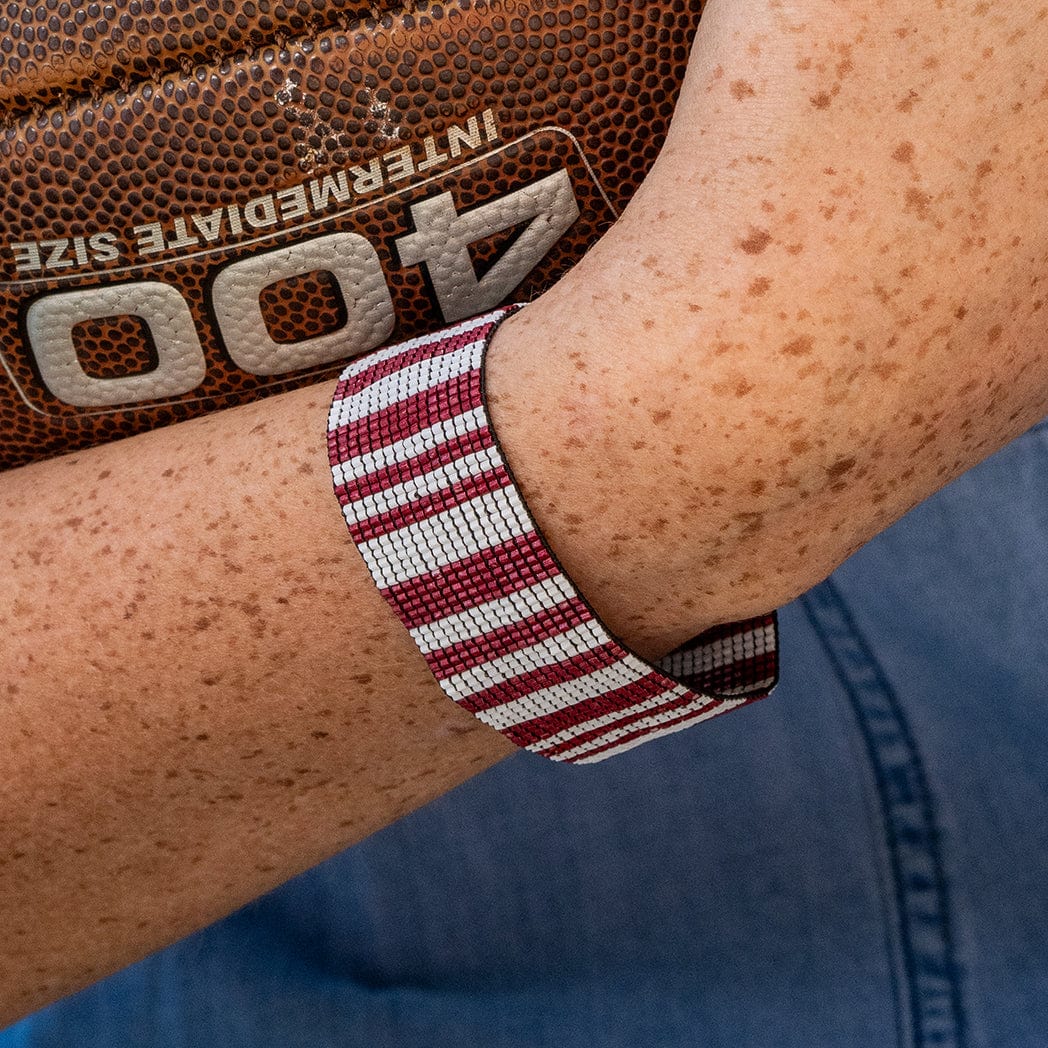 Kenzie Game Day Vertical Stripes Beaded Stretch Bracelet Dark Red and White Wholesale