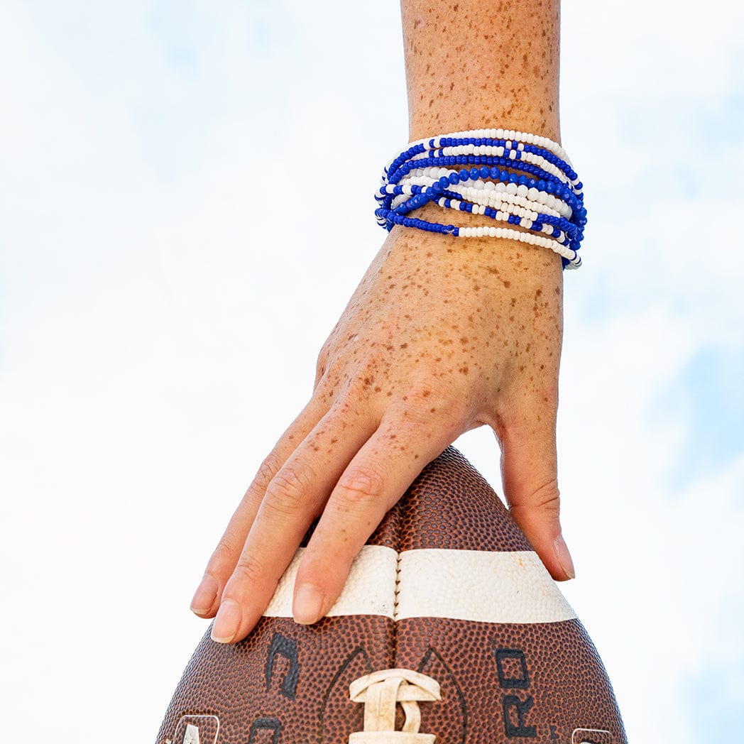 Game Day Color Block Beaded 10 Strand Stretch Bracelets Blue and White Wholesale