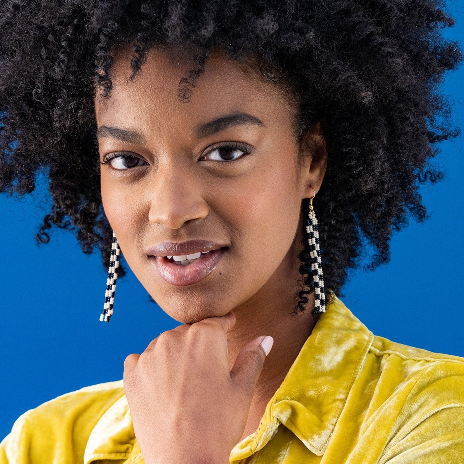June Mini Checked Pattern Petite Beaded Fringe Earrings Black Wholesale