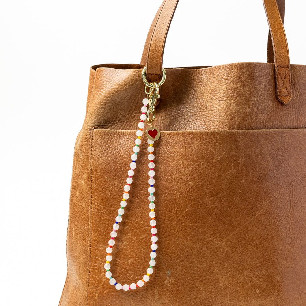 Kate White Beaded Bag Charm with Brass Heart Key Ring + Bag Charm