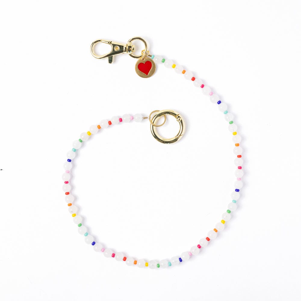 Kate White Beaded Bag Charm with Brass Heart Key Ring + Bag Charm