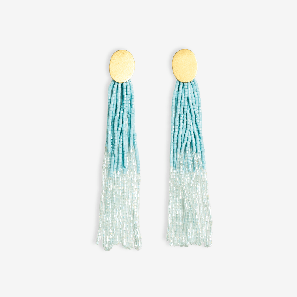 Mae Oval Brass Post Two-Color Beaded Tassel Earrings Light Blue Wholesale