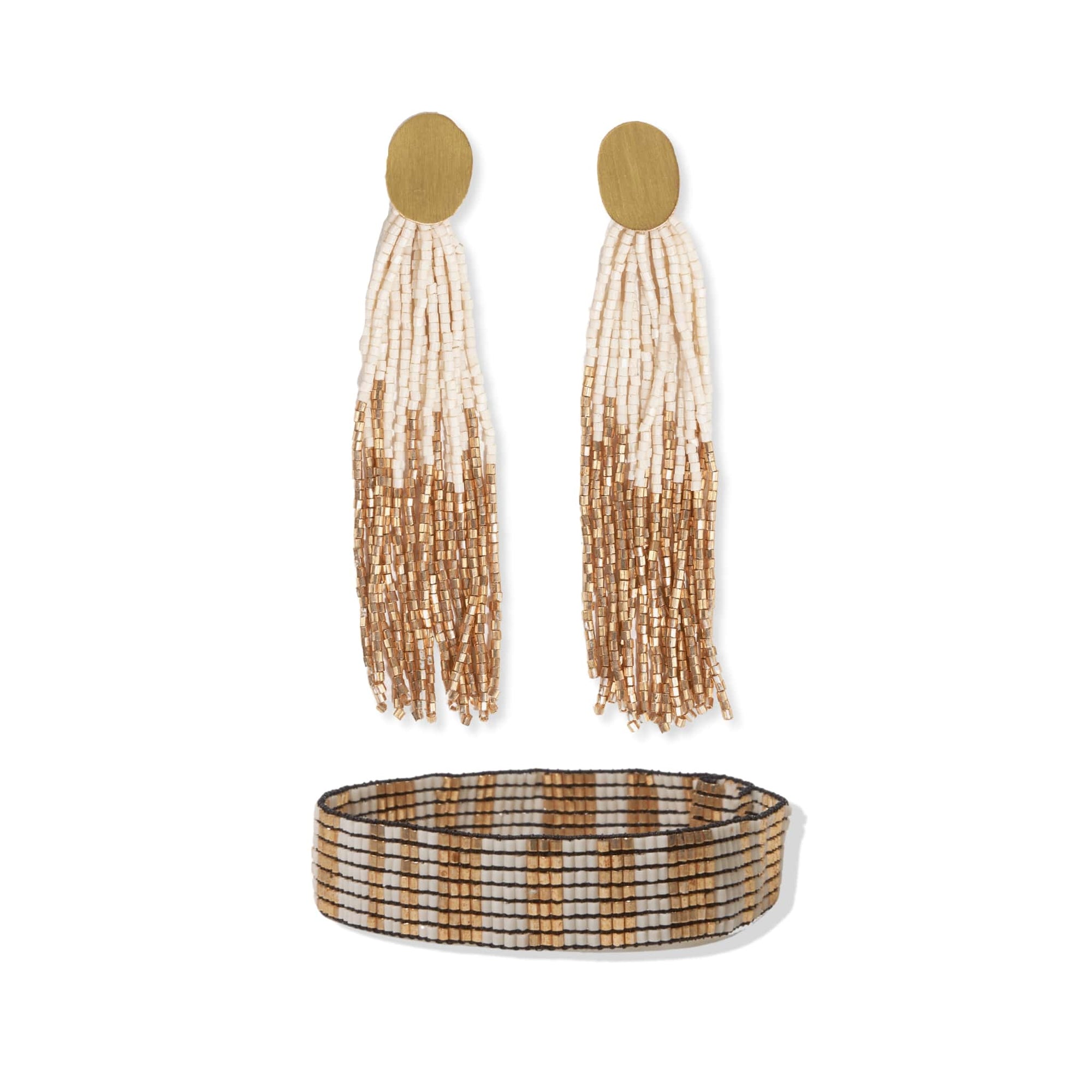 Mae tassel beaded earrings and Alex vertical lines bracelet set Ivory/Gold