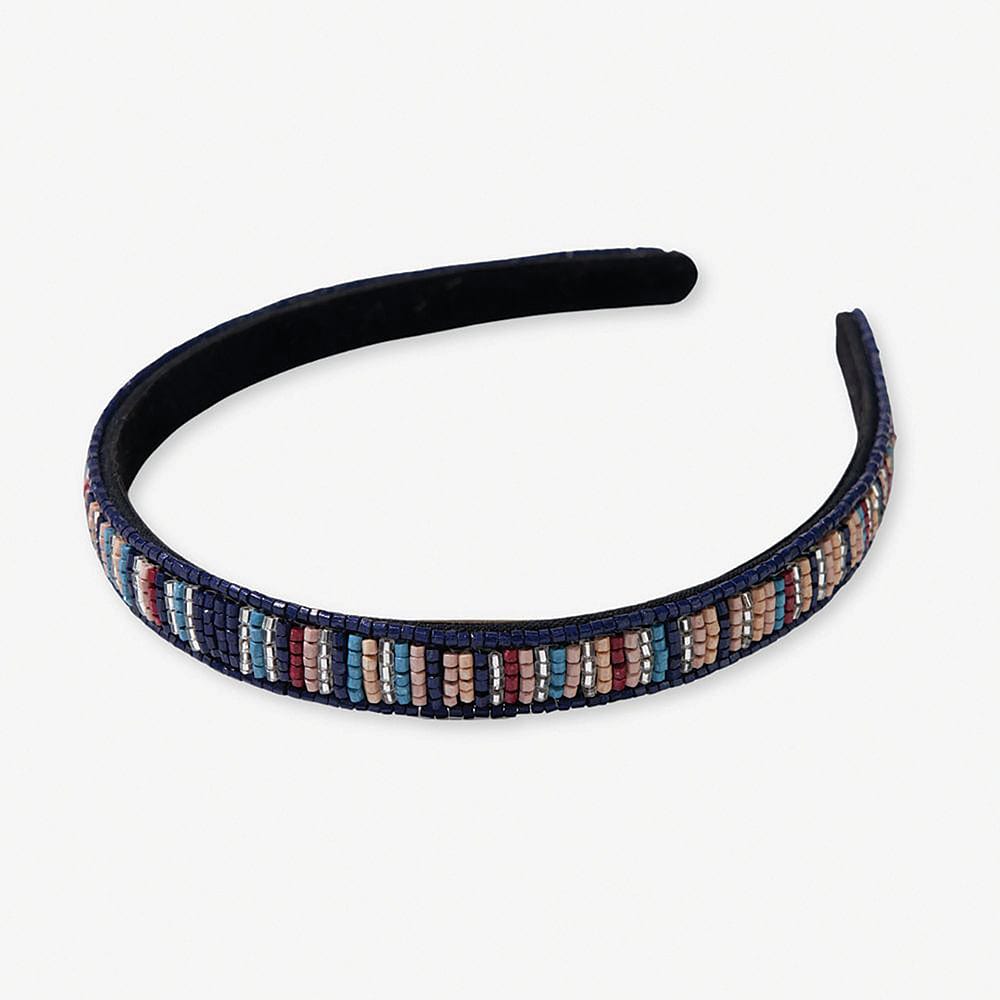 Sadie Striped Thin Luxe Headband Navy and Silver Wholesale