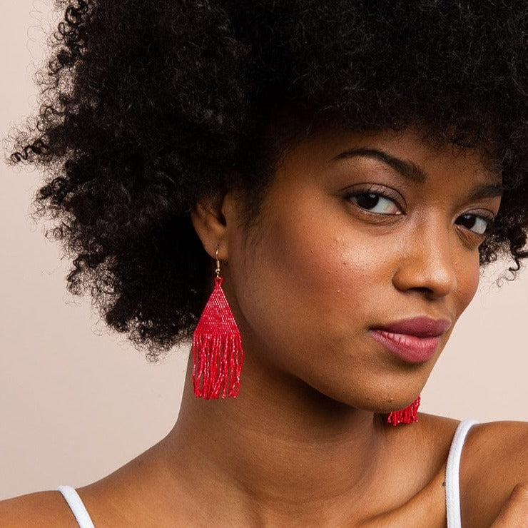 Lexie Solid Beaded Fringe Earrings Scarlet Red Wholesale