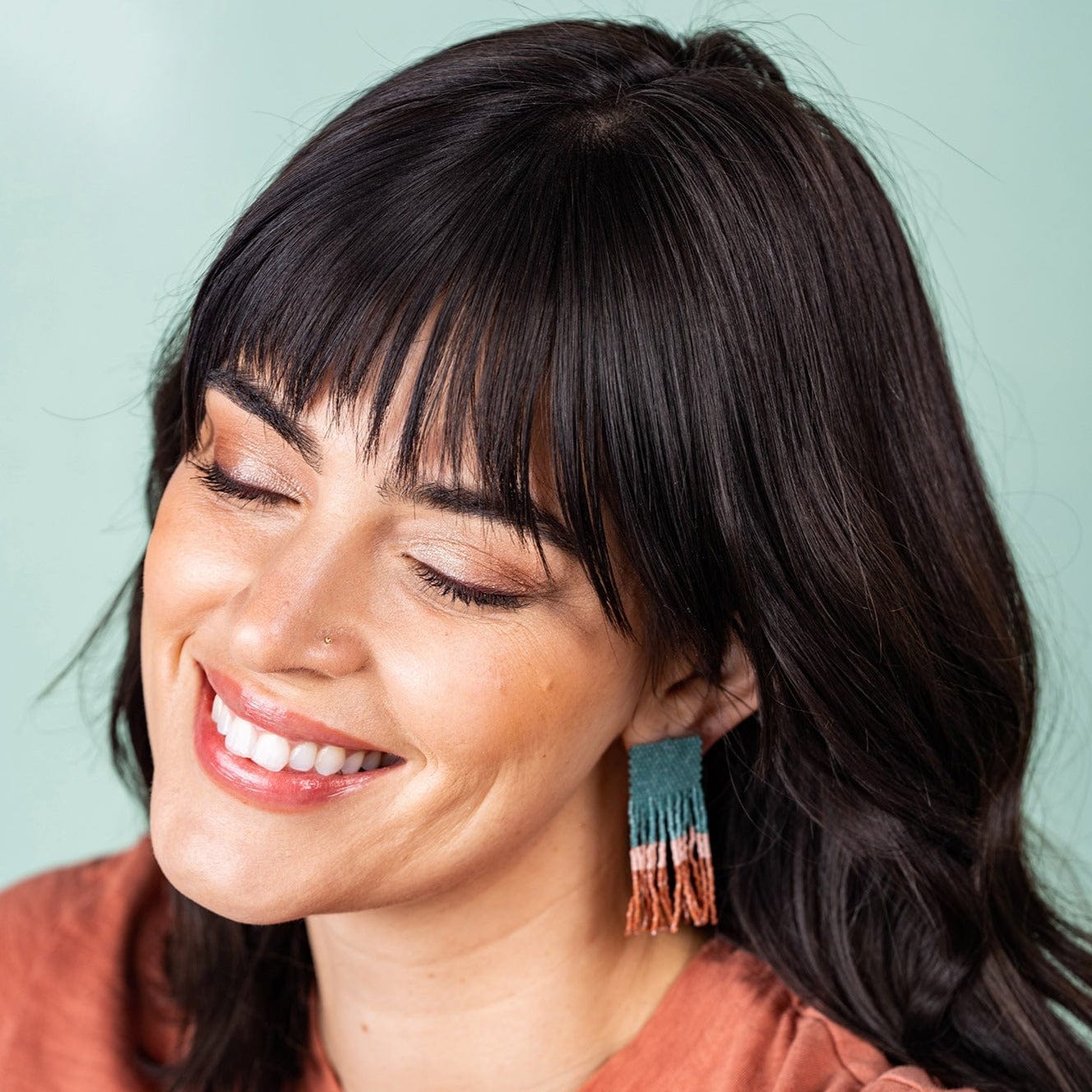 Ava Color Block Beaded Fringe Earrings Teal Wholesale