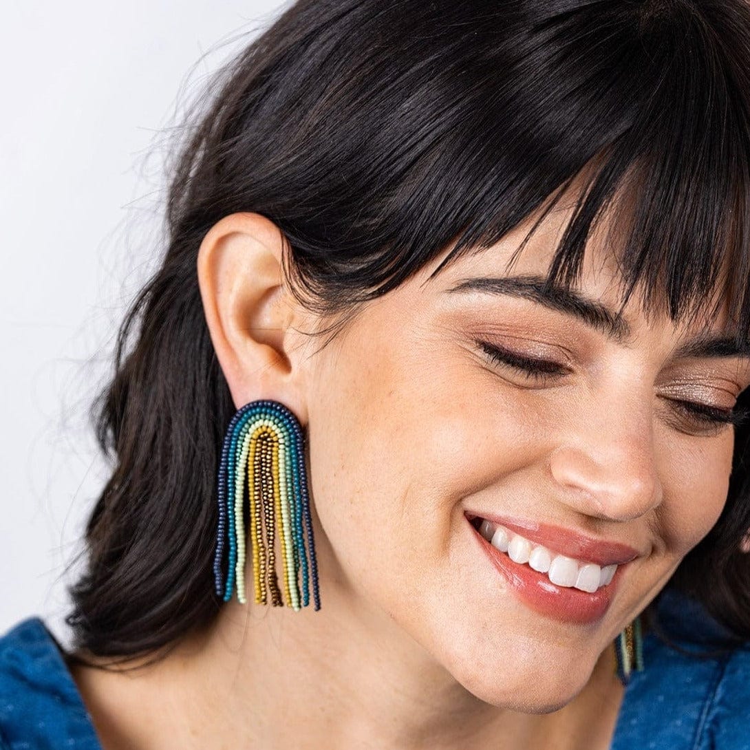 Skylar Rainbow Stripe Beaded Fringe Earrings Teal Wholesale