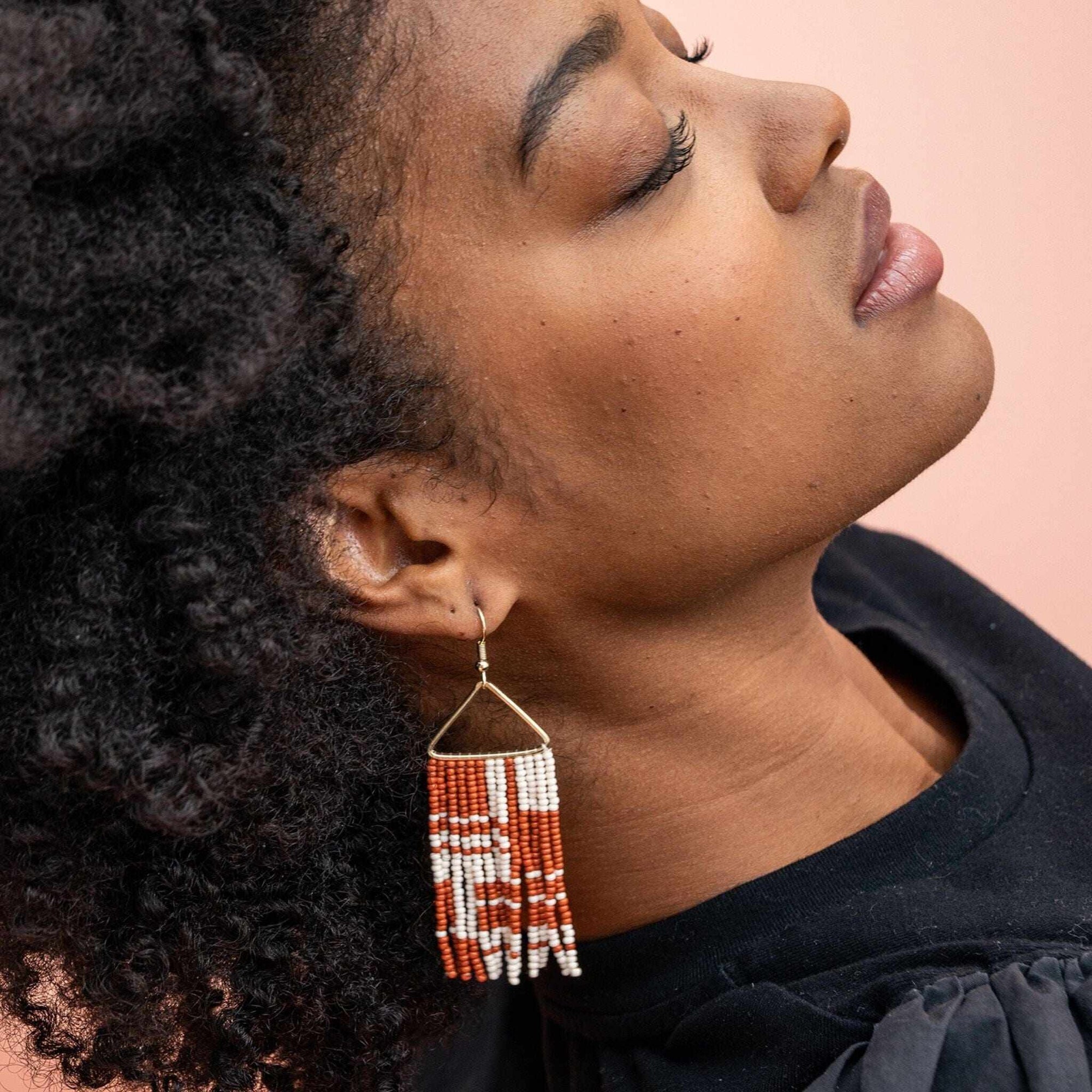 Whitney Shifting Blocks Beaded Fringe Earrings Burnt Orange Wholesale