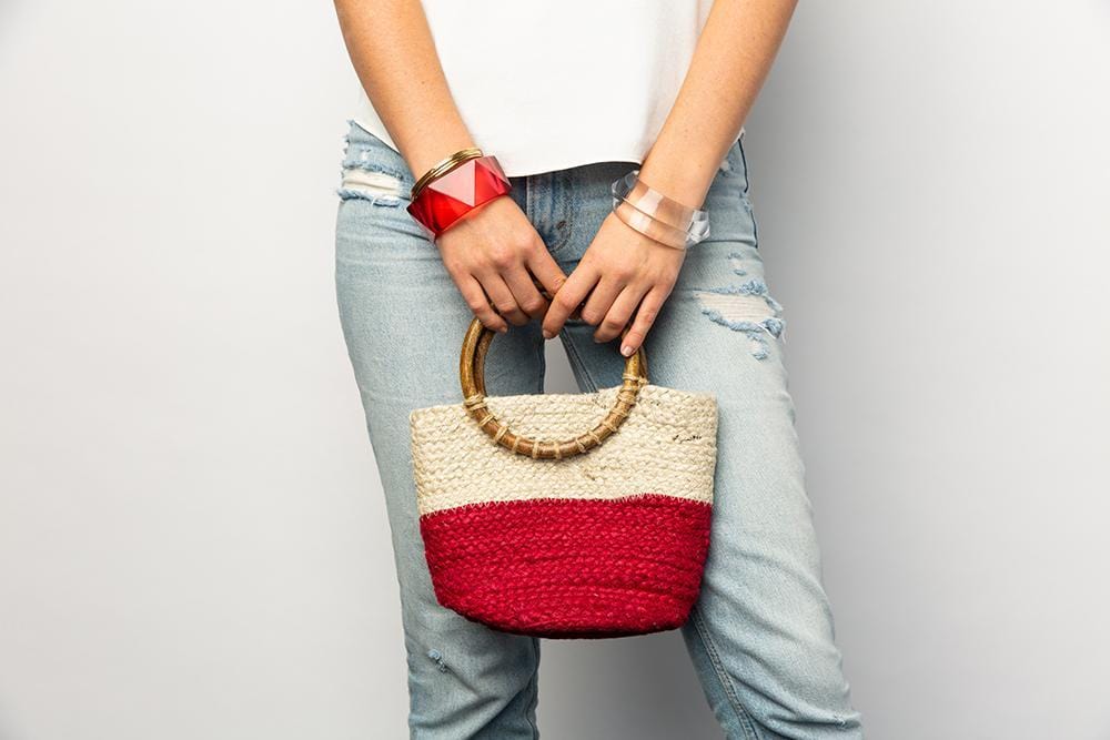 magenta color block jute bag 11.5" x 8.5" Wholesale