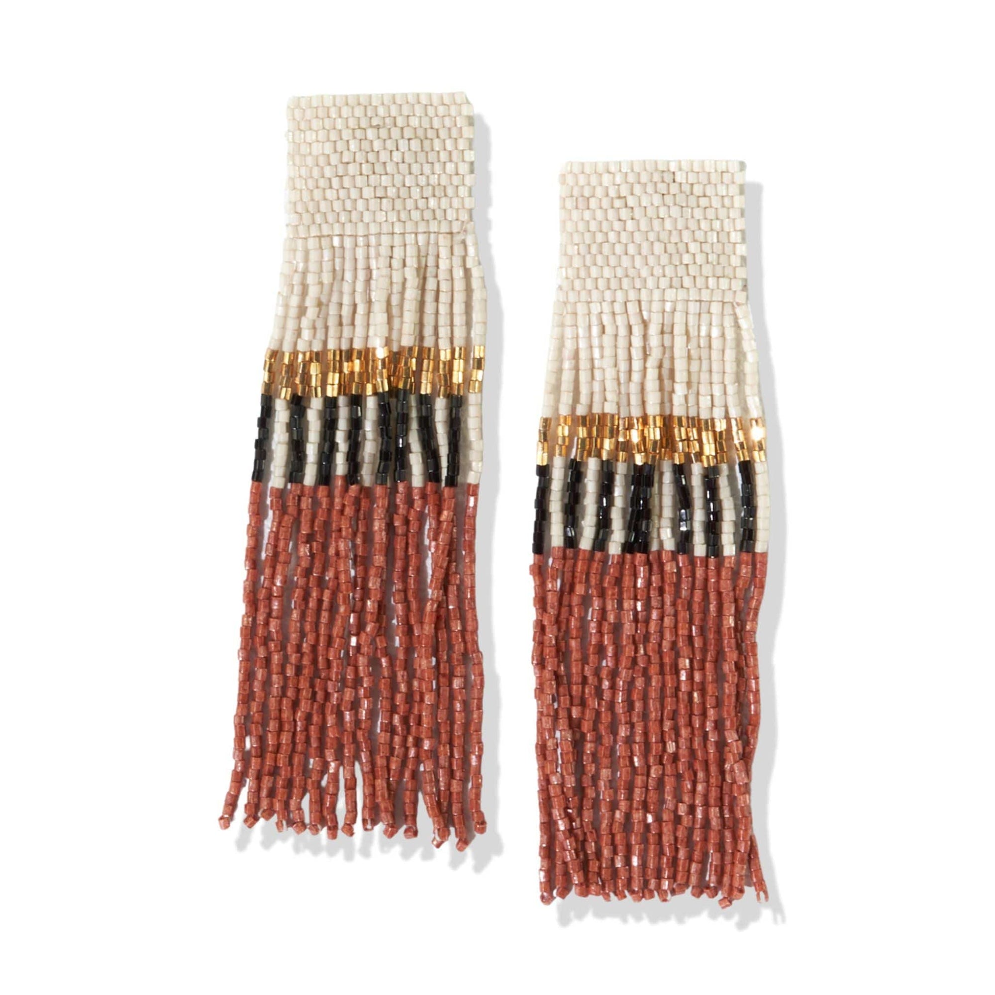 Belle Color Block with Stripes Beaded Fringe Earrings Rust Wholesale