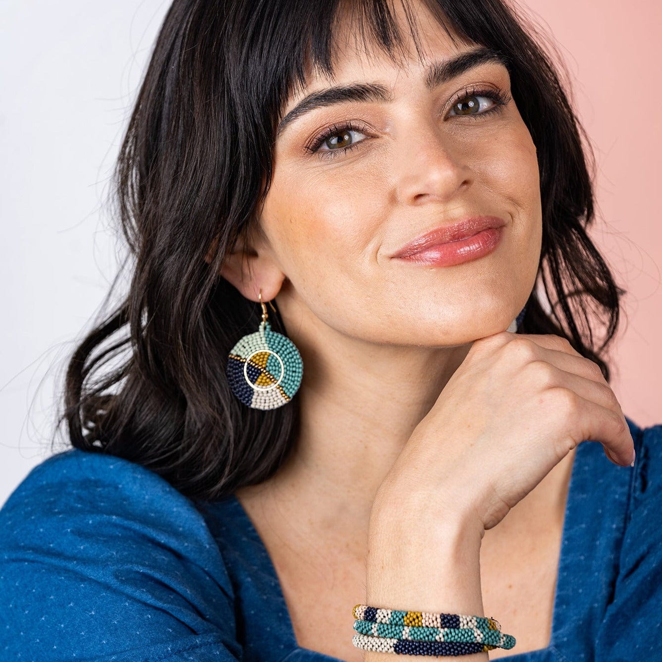 Julia Color Block Angles Beaded Earrings Teal Wholesale