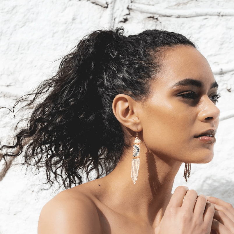 Emma Stripe and Angle Beaded Fringe Earrings Cream Wholesale